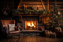 Cozy Dark Rustic Living Room With A Fireplace, Decorated For Christmas.