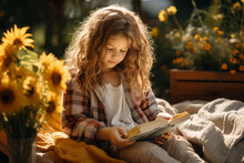 Cute Little Girl Reading A Book Outdoors On Warm Autumn Day. Child Reading On Cozy Sunny Terrace On Fall Evening.