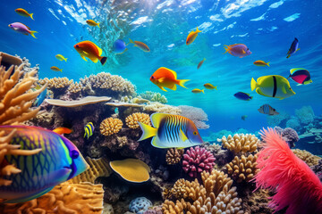  Colourful fish swimming in underwater coral reef landscape. Deep blue ocean with colorful fish and marine life.