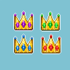 Poster - Pixel art sets of crown for dugeon items. Red,green,blue,and purple crowns on pixelated style.Pixel art,8bits perfect for game asset or design asset element for your game design asset.