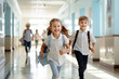© MNStudio - Group of elementary school kids running in a school corridor. Beginning of class after vacation. Kids run to parents or friends after lesson.