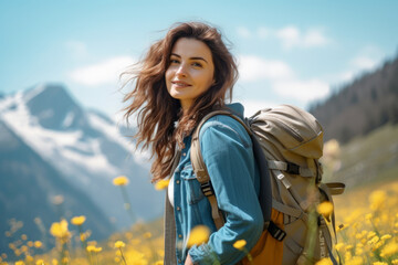 Female hiker standing in flowering alpine meadow and admiring a scenic view from a mountain top. Adventurous young girl with a backpack. Hiking and trekking on a nature trail.