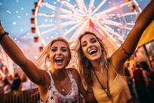 Beautiful Young Women Having Fun At Colourful Music Festival. Happy Girls Enjoying Themselves And Dancing. Summer Holiday, Vacation Concept.