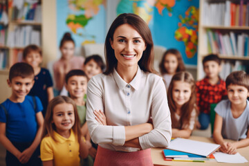 Beautiful professional female teacher of nursery school or kindergarten looking at camera while standing against group of little learners.