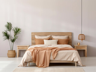 Minimalist beige boho bedroom with empty whate wall for mockups. Wooden double bed with pillows, cozy furniture. Room interior with copyspace.
