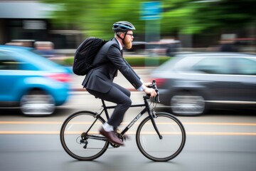 Successful hipster middle age caucasian stylish businessman bearded male man costume going office work by bike riding bicycle morning city road. Healthy ecology lifestyle cycling transport bicyclist
