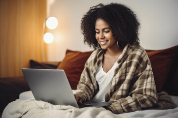 Sticker - Happy Young African American Woman Relaxing With Laptop ai generated