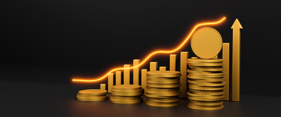 Gold coins graph growth stock chart with coins investing. Business finance and money save concept, growth financial data concept or investment market profit. Cash profit chart. 3d render illustration