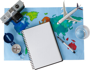 Poster - Digital png illustration of map of world, camera, compass and notebook on transparent background