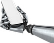 Digital png illustration of robotic hand holding smartphone on transparent background