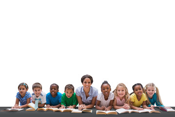 Fototapete - Digital png photo of diverse group of schoolchildren with female teacher on transparent background
