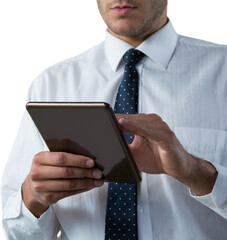 Poster - Digital png photo of caucasian businessman using tablet on transparent background