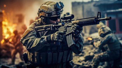 Wall Mural - Special forces team in camouflage gear and masks raiding a building in urban area controlled by militants