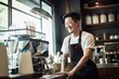 © VERTEX SPACE - Attractive cheerful smiling male man barista wear apron making coffee at cafe coffeeshop daylight