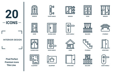 interior design linear icon set. includes thin line window, door, sliding door, blueprint, door handle, handle, open icons for report, presentation, diagram, web design