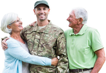 Wall Mural - Digital png photo of caucasian male soldier with parents on transparent background