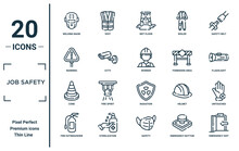 Job Safety Linear Icon Set. Includes Thin Line Welding Mask, Warning, Cone, Fire Extinguisher, Emergency Exit, Worker, Untouched Icons For Report, Presentation, Diagram, Web Design