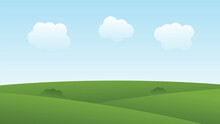 Landscape Cartoon Scene With Green Hills And White Cloud In Summer Blue Sky Background