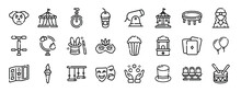 Set Of 24 Outline Web Circus Icons Such As Clown, Circus Tent, Unicycle, Soft Drink, Circus, Carousel, Trampoline Vector Icons For Report, Presentation, Diagram, Web Design, Mobile App