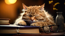 Cat Sleeping On An Open Book With Glasses On It