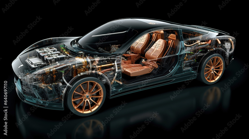 Illustration of a cross section of an electric car, with cables, motors ...