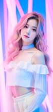 Young Pretty Asian Woman With Glitter Make-up Wearing Sporty Fashion, White Clothes, Model Posing Isolated On A Colorful Modern Pink And Blue Background, K-pop Style