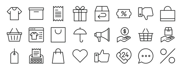 set of 24 outline web ecommerce icons such as tshirt, product, receipt, gift, return, voucher, dislike vector icons for report, presentation, diagram, web design, mobile app