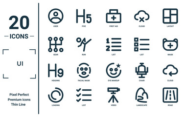 ui linear icon set. includes thin line user, gear, heading, loading, road, list, cloud icons for report, presentation, diagram, web design