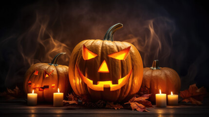 Scarry halloween Pumpkin on a wooden background