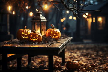 Wall Mural - Halloween concept. Wooden table in spooky forest with pumpkins at night