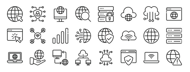set of 24 outline web internet icons such as web, cyber security, internet connection, searching, data security, cloud network, cloud computing vector icons for report, presentation, diagram, web