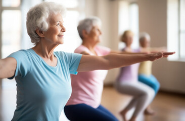 a group of active elderly people perform yoga together indoors, to improve their physical condition 