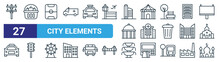 Set Of 27 Outline Web City Elements Icons Such As Electric Pole, Food Cart, Football Field, Circus Tent, Hospital, Traffic Lights, Fountain, Mosque Vector Thin Line Icons For Web Design, Mobile App.