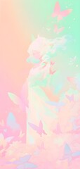 Ethereal anime elf, fairy fantasy character art illustration. pastel, neon colors pink, dreamy, butterflies Aesthetic, cute, beautiful, stunning. Fantasy background, phone computer wallpaper copysace