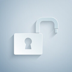 Fototapete - Paper cut Open padlock icon isolated on grey background. Opened lock sign. Cyber security concept. Digital data protection. Paper art style. Vector