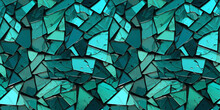 Glass Fragmented Surface Seamless Pattern. Broken Emerald Green Stained Glass Window.