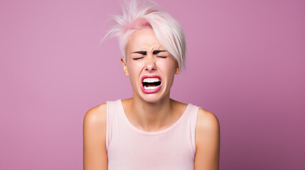 Wall Mural - Depressed young woman crying on pink background