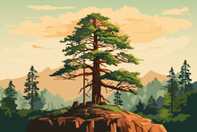 Beautiful Coniferous Tree Growing On The Edge Of A Cliff Against A Background Of Forest And Mountains. Stunning Wildlife Landscape With Sequoia Trees.
