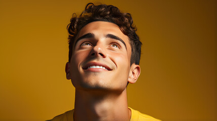 Wall Mural - Young man laughs against a yellow background.