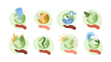 
Climate change illustration set. Characters hands holding planet earth and showing natural disasters, such as flood, wildfire, earthquake. Vector illustration.
