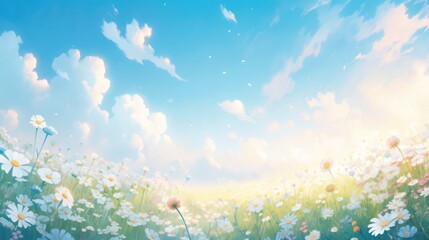 Anime illustration of beautiful field meadow flowers chamomile as a nature landscape background.