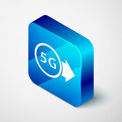 Wall Mural - Isometric 5G new wireless internet wifi connection icon isolated on grey background. Global network high speed connection data rate technology. Blue square button. Vector