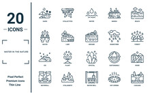 Water In The Nature Linear Icon Set. Includes Thin Line Oasis, Water, Ice, Waterfall, Cascade, Ground, River Icons For Report, Presentation, Diagram, Web Design