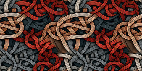 Wall Mural - Intertwined natural elements forming a seamless surface pattern. Composition of interwoven textile ropes. Concept of crossed threads forming a network.