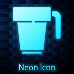 Sticker - Glowing neon Coffee cup icon isolated on brick wall background. Tea cup. Hot drink coffee. Vector