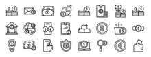 Set Of 24 Outline Web Currency Icons Such As Losses, Email, Money, Pie Chart, Dollar Coin, Accounting, Money Growth Vector Icons For Report, Presentation, Diagram, Web Design, Mobile App
