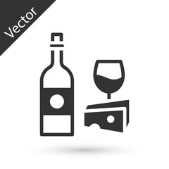 Sticker - Grey Wine bottle with glass and cheese icon isolated on white background. Romantic dinner. Vector