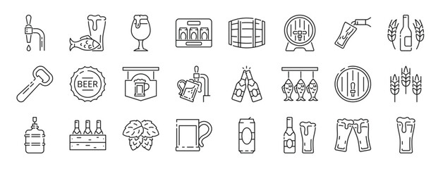 set of 24 outline web brewery icons such as beer tap, dried fish, glass, beer box, beer keg, barrel, glass bottle vector icons for report, presentation, diagram, web design, mobile app