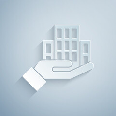 Sticker - Paper cut Skyscraper icon isolated on grey background. Metropolis architecture panoramic landscape. Paper art style. Vector