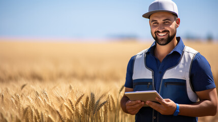 Wall Mural - Man farmer in hat walking the field of wheat and using tablet computer. Agricultural concept.